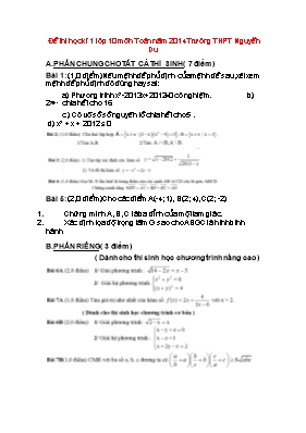 Đề thi học kì 1 lớp 10 môn Toán năm 2014 Trường THPT Nguyễn Du